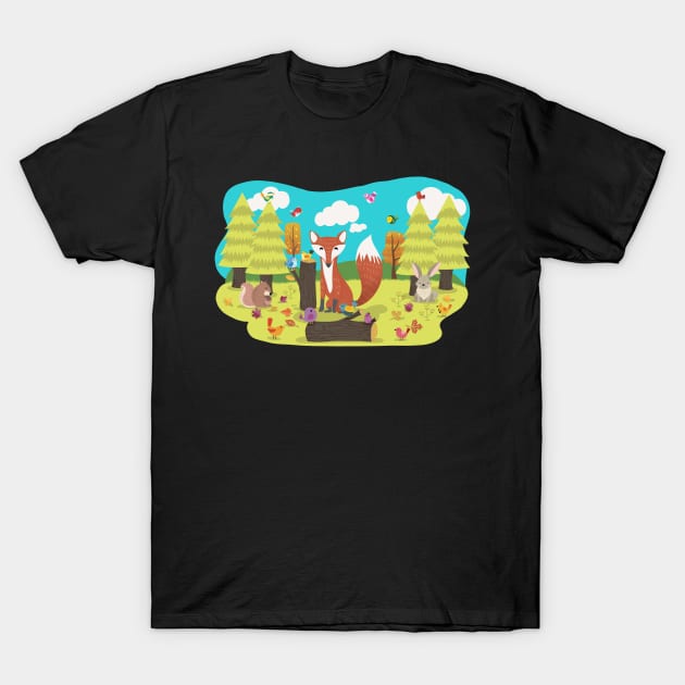 Forrest Frolic With Fox Bunny Squirrel and Birds T-Shirt by LittleBunnySunshine